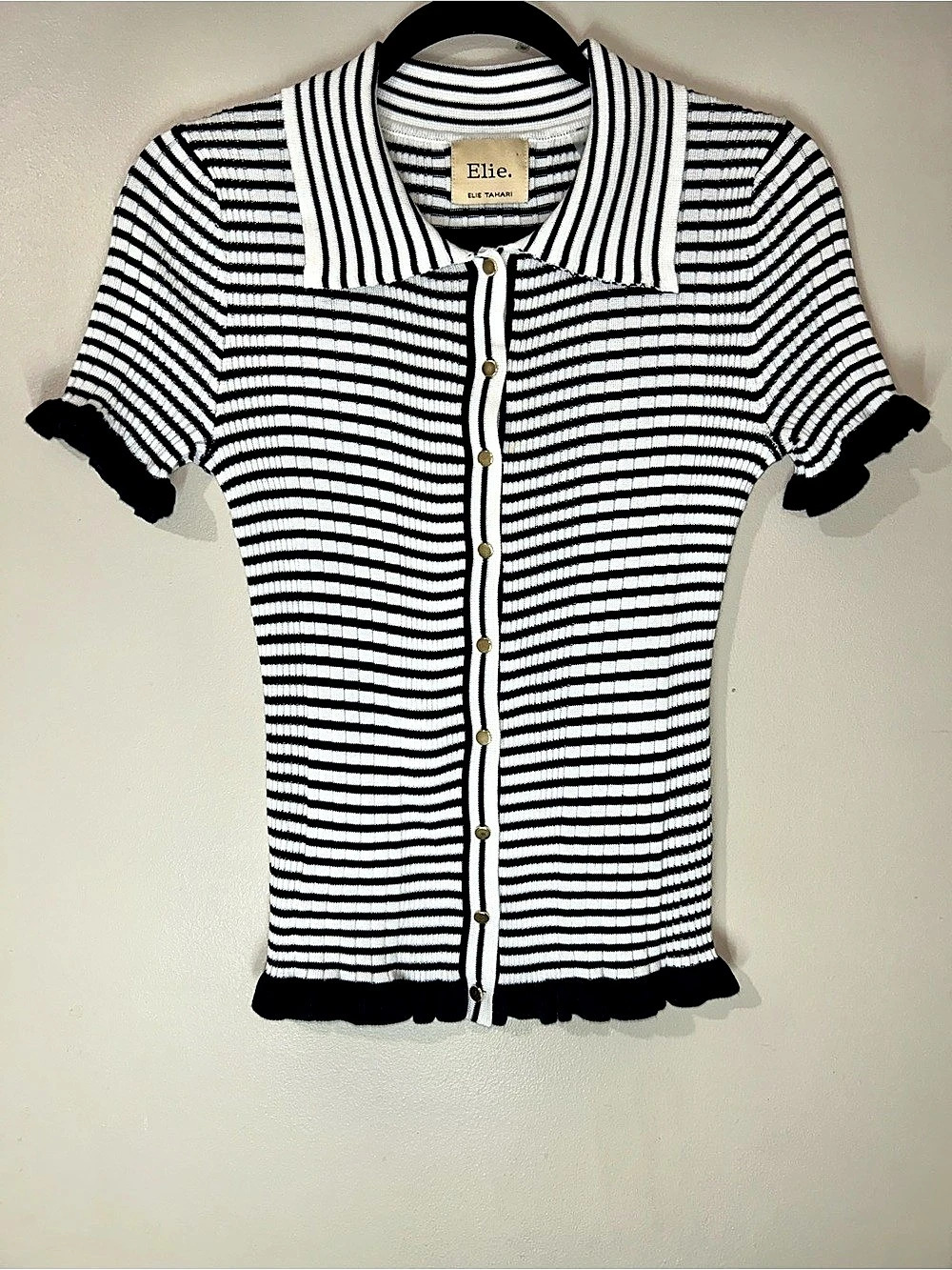 Elie Tahari Striped Short Sleeve Top in Blue & White